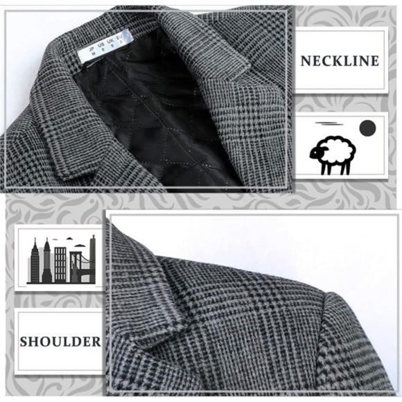 Men's Wool Peacoat Winter Buttons Jacket Windproof Classic Pea Coat - Picture 4 of 7